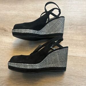 Stuart Weitzman Black Wedge Heels Size 6.5 suede espadrille EUC